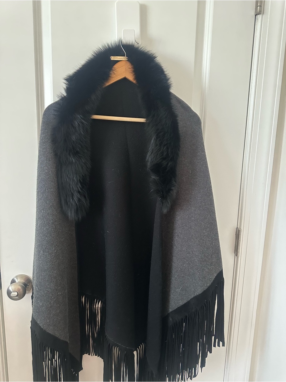 Gray and Black Fringe Wrap with Black Fox Fur Collar